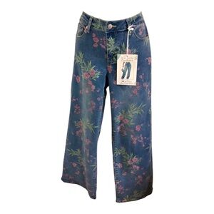Blue pink floral print mid rise wide leg jeans‎ size 7 brand new